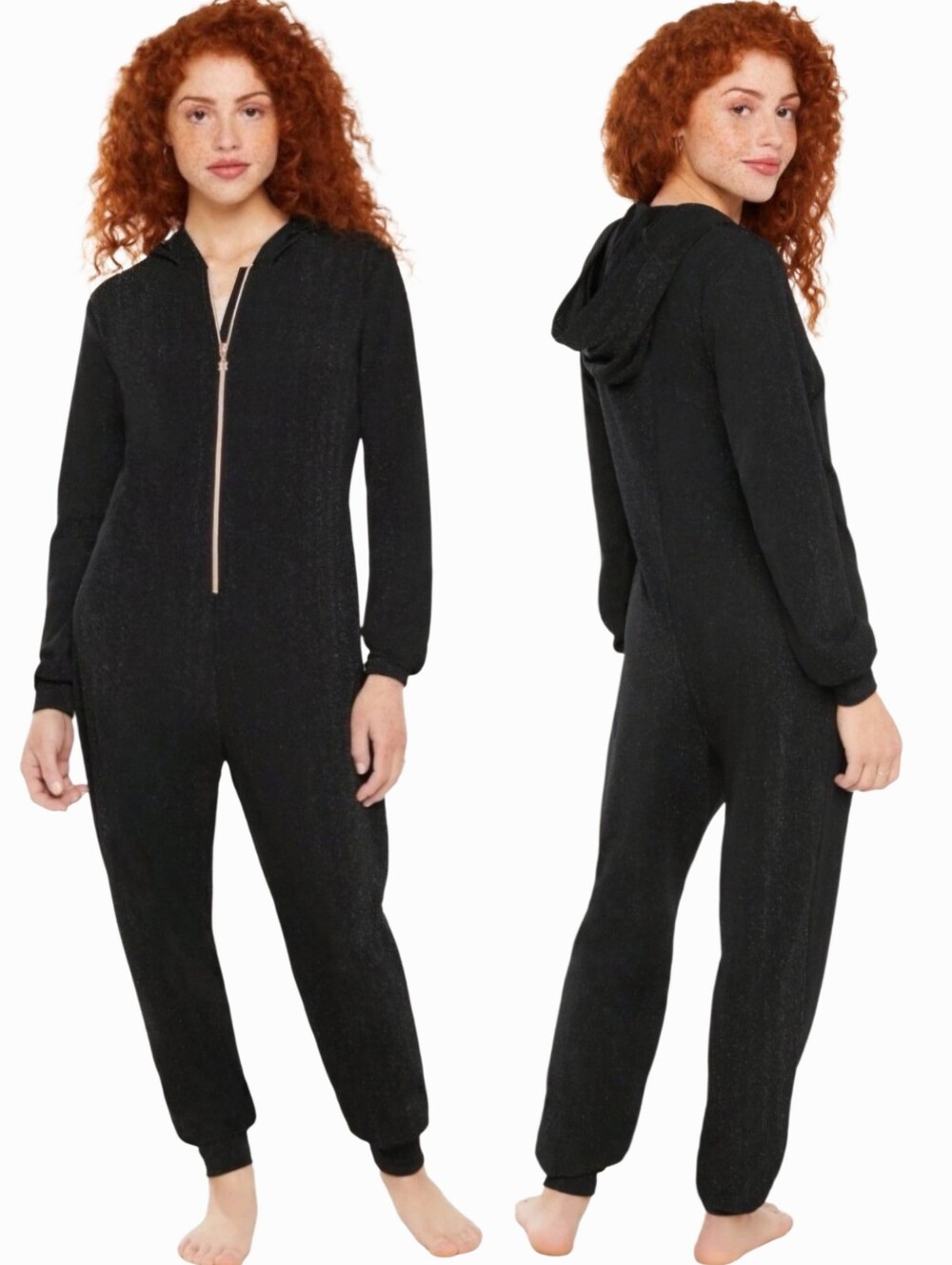 Savage X Fenty Jumpsuit Black Sparkle Zip Front One Piece Hoodie Womens Small